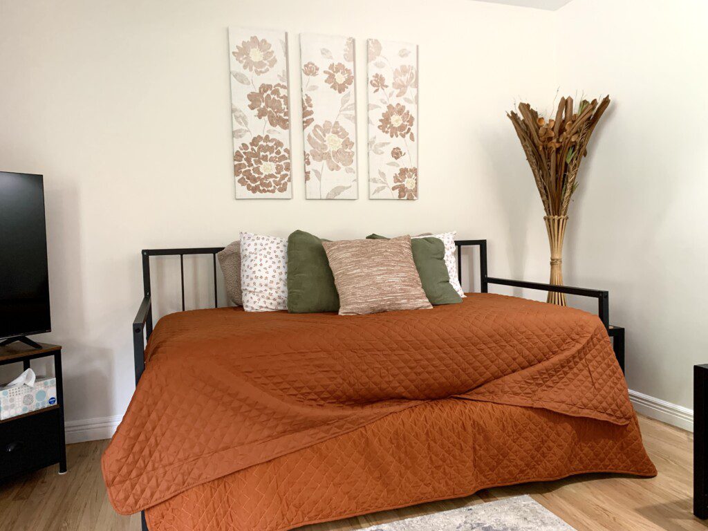 Living Room with 55" Roku Smart TV. Enjoy the comfortable, unique, and retro sofa options. Need extra sleeping space? Comfortable day bed with trundle!