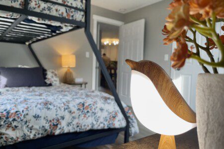 Bedroom #2 - queen bed with a twin bunk on top, charging alarm clocks