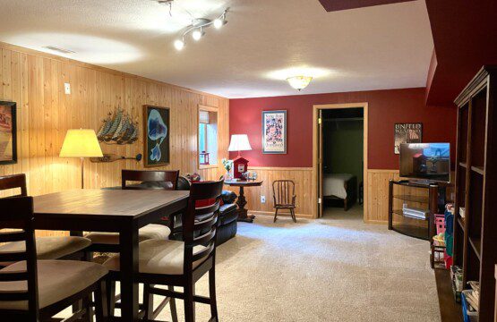 Basement Family Room: High table for games, leather sofa, and a 43” TV with Amazon FireStick and DVDs available for entertainment.