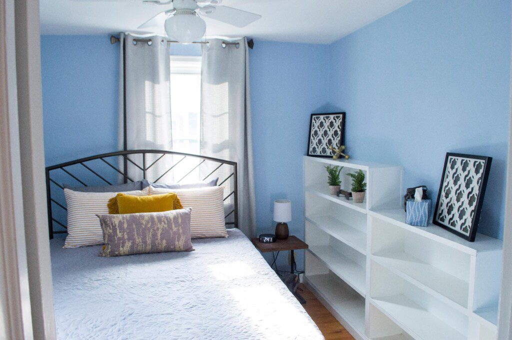 Bedroom #2 with highly rated Lucid queen mattress; night stand a clock w/ USB and outlets to make charging devices super convenient