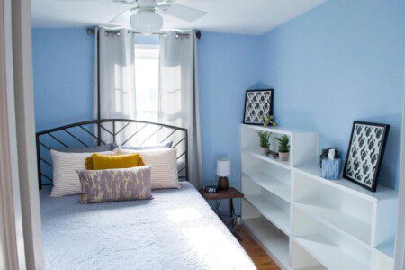 Bedroom #2 with highly rated Lucid queen mattress; night stand a clock w/ USB and outlets to make charging devices super convenient