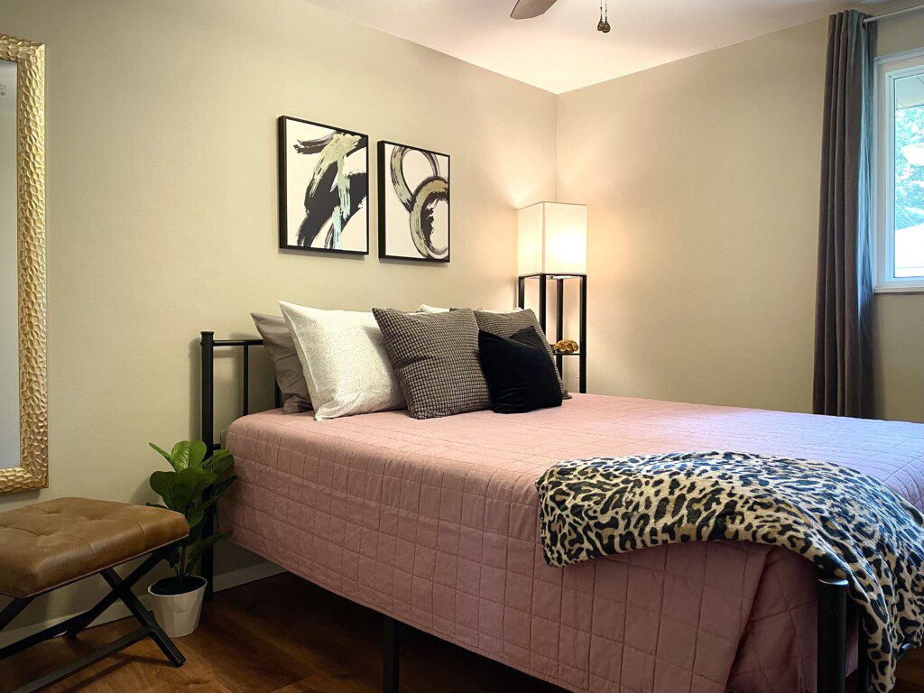 Bedroom #2 with highly rated Lucid queen mattress; a clock w/ USB and outlets to make charging devices super convenient