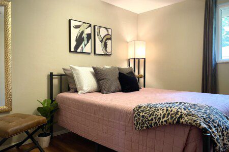 Bedroom #2 with highly rated Lucid queen mattress; a clock w/ USB and outlets to make charging devices super convenient