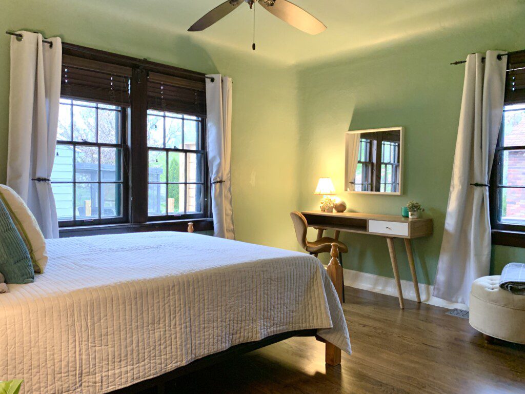 Bedroom #2 with highly rated Lucid queen mattress; a clock w/ USB and outlets to make charging devices super convenient