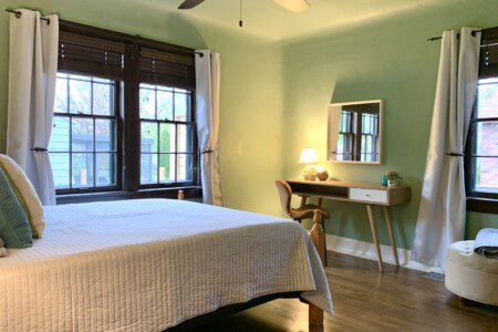 Bedroom #2 with highly rated Lucid queen mattress; a clock w/ USB and outlets to make charging devices super convenient