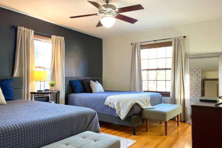 Upstairs Bedroom #1 - with highly rated Lucid queen mattress; a clock w/ USB and outlets to make charging devices super convenient; 43" Roku Smart TV