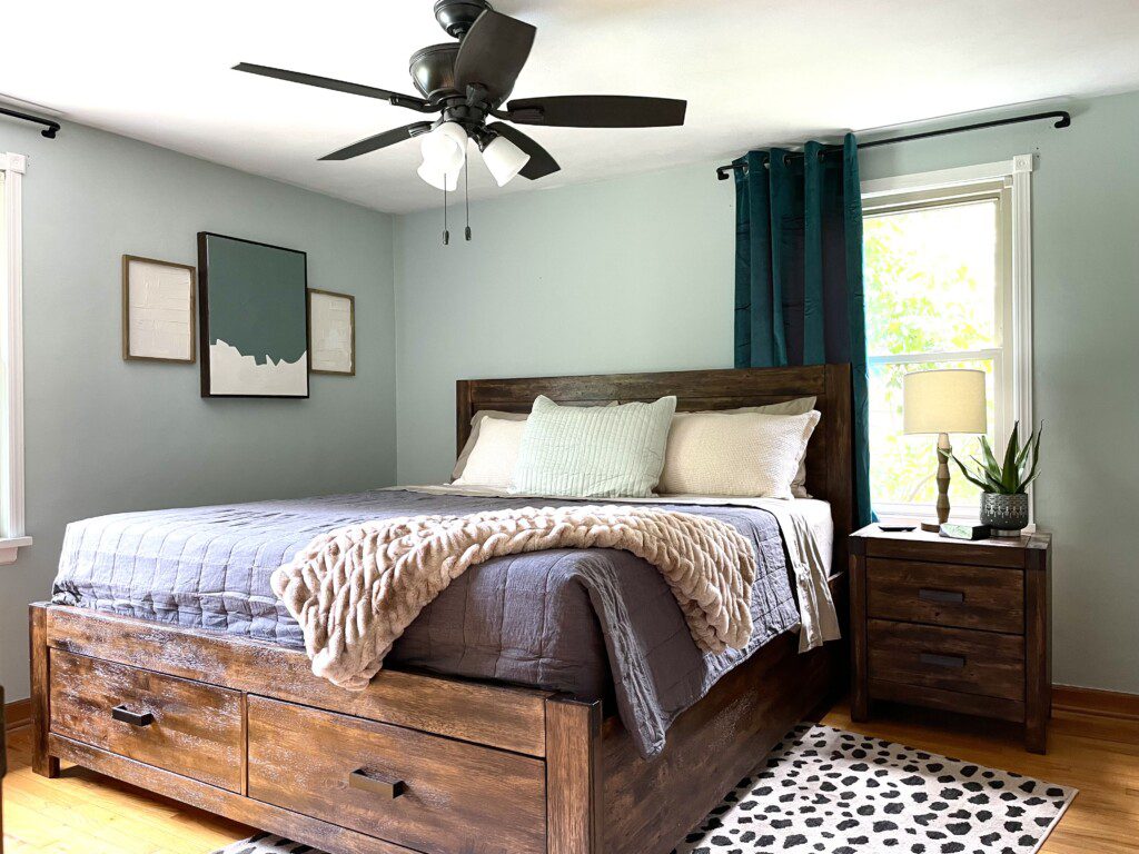 Bedroom #4 with highly rated Lucid KING mattress, a clock w/ USB and outlets to make charging devices super convenient; 43" Roku Smart TV, ceiling fan