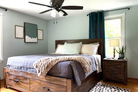 Bedroom #4 with highly rated Lucid KING mattress, a clock w/ USB and outlets to make charging devices super convenient; 43" Roku Smart TV, ceiling fan