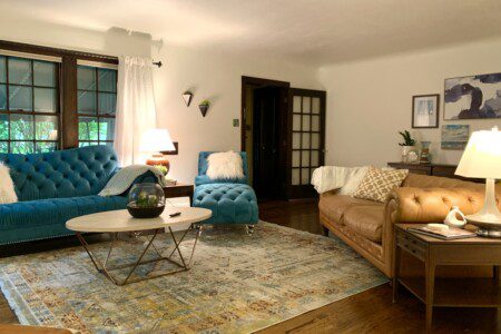 Living Room with 65" Roku TV with YouTube TV access provided. Enjoy the comfortable, unique, and retro sofa options