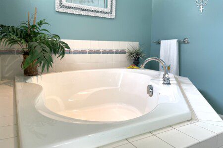 Master Bathroom: Cabin shower, separate large corner bathtub, stocked with towels, soap, and shampoo