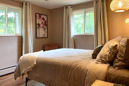 Bedroom #3 with highly rated Lucid queen mattress; a clock w/ USB and outlets to make charging devices super convenient; Reading Lights; 43" Roku Smart TV