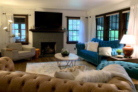 Living Room with 65" Roku TV with YouTube TV access provided. Enjoy the comfortable, unique, and retro sofa options