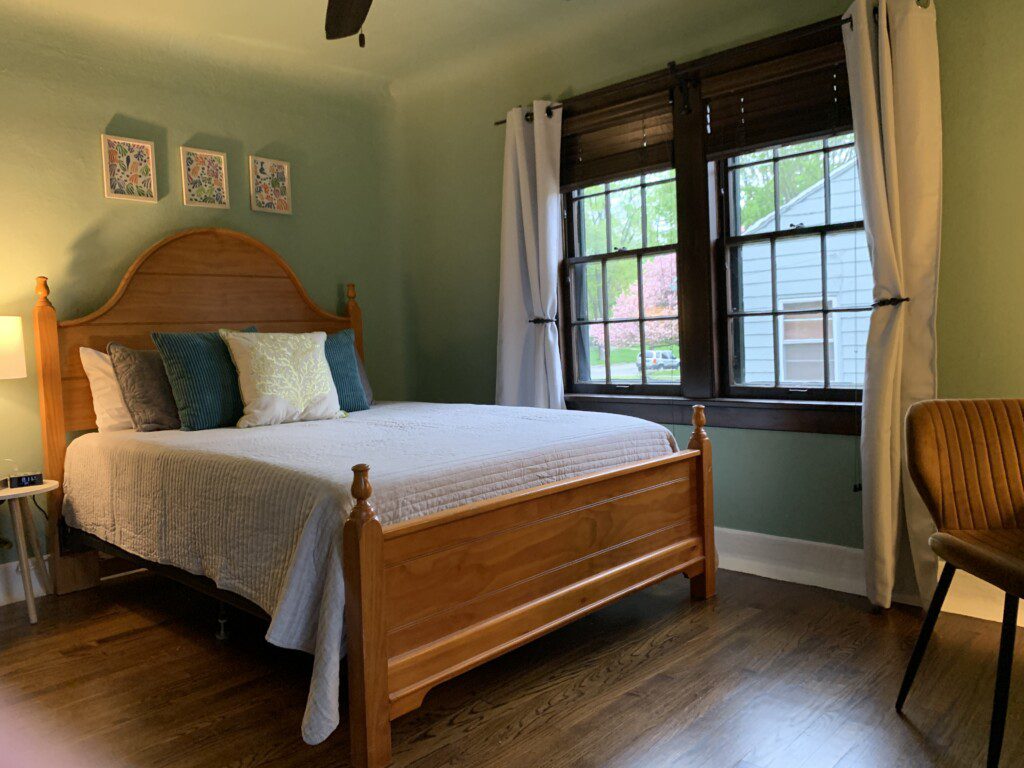 Bedroom #2 with highly rated Lucid queen mattress; night stand with a clock w/ USB and outlets to make charging devices super convenient