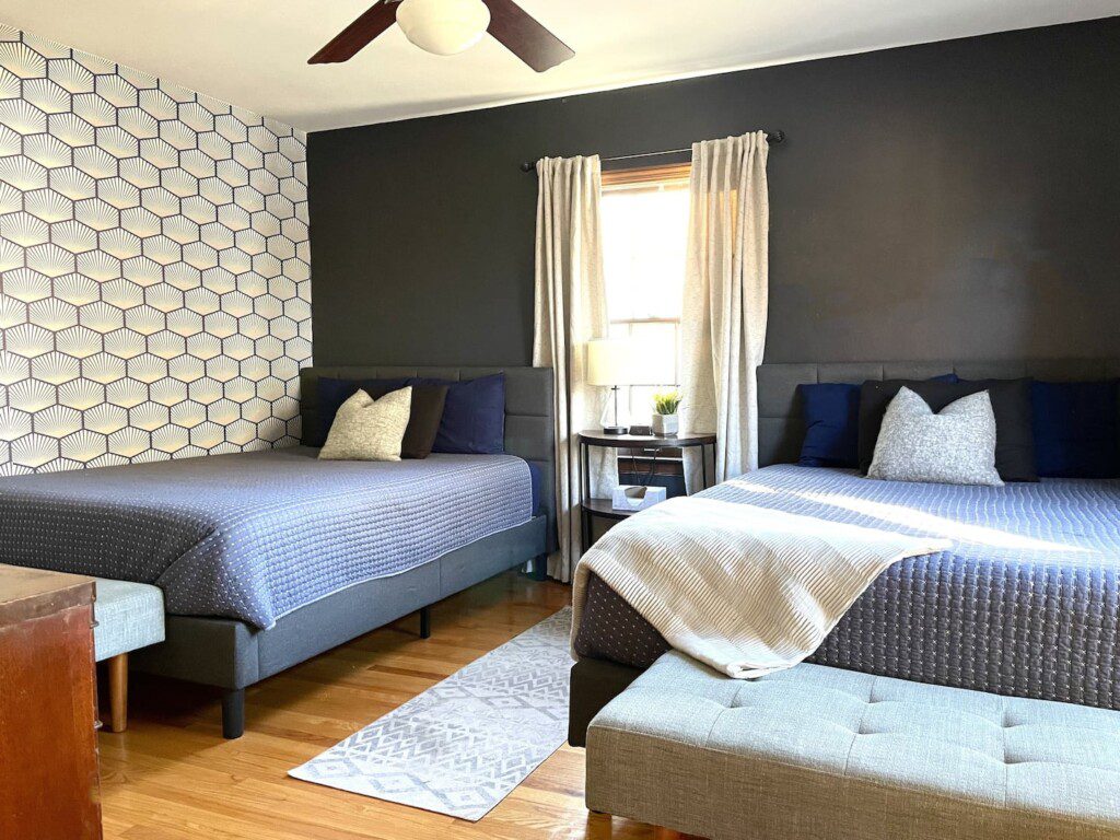 Upstairs Bedroom #1 - with highly rated Lucid queen mattress; a clock w/ USB and outlets to make charging devices super convenient; 43" Roku Smart TV