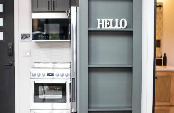 View from living room looking into kitchen and bathroom
