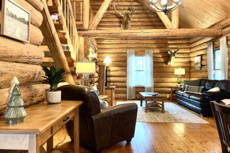 Trillium Lane Cabin Living Room - enjoy the quiet ambiance of the open concept log cabin in the comfortable living room, or enjoy a movie on the 50" Roku Smart TV