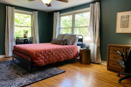 Bedroom #2 with highly rated Lucid queen mattress, a clock w/ USB and outlets to make charging devices super convenient; 43" Roku Smart TV, ceiling fan, small desk for remote work