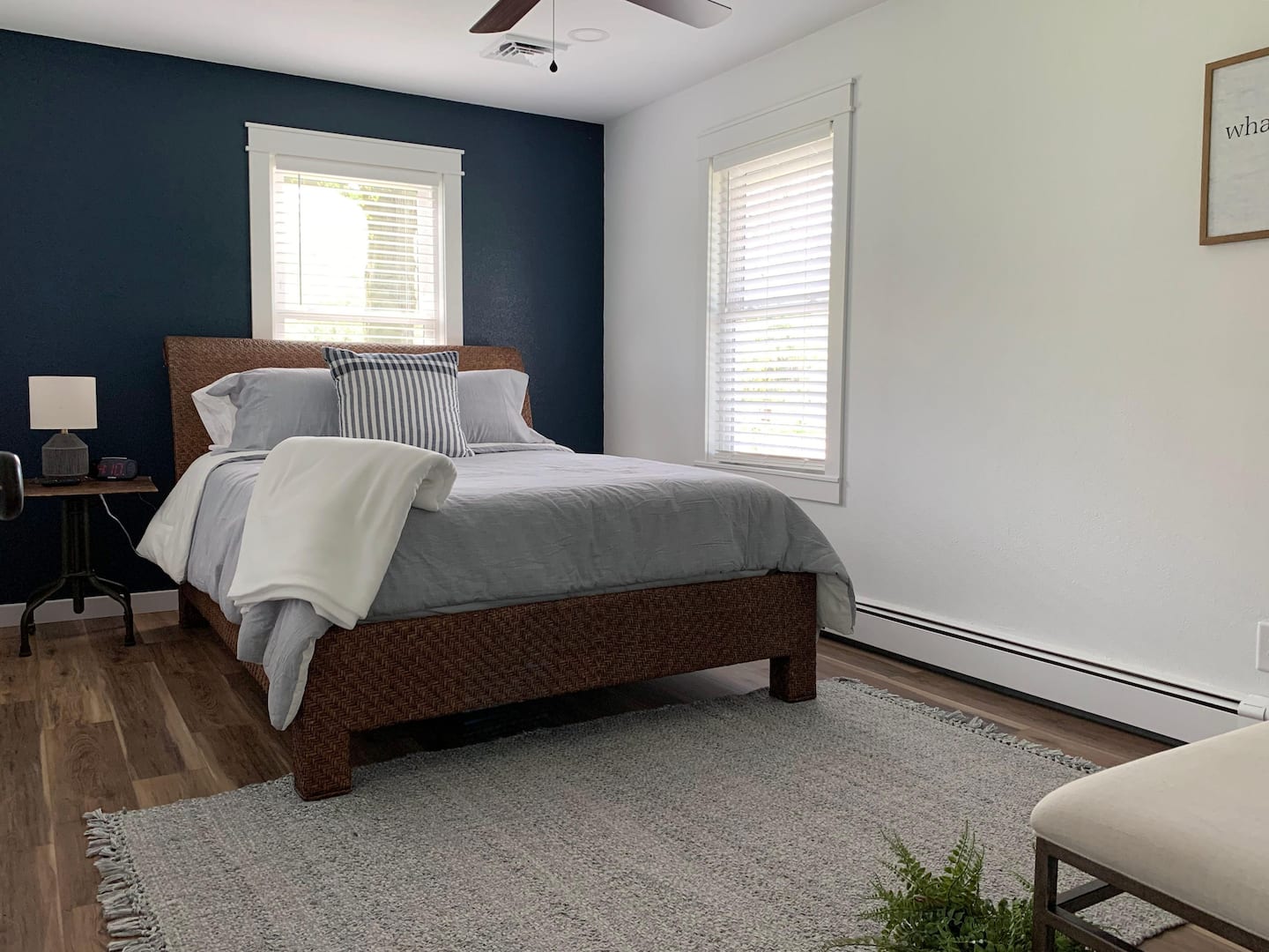 Bedroom #1 comfortable queen bed that has a 40" TCL Roku TV with complimentary YouTubeTV Access (cable-like TV); USB clock right beside the bed for all your charging needs