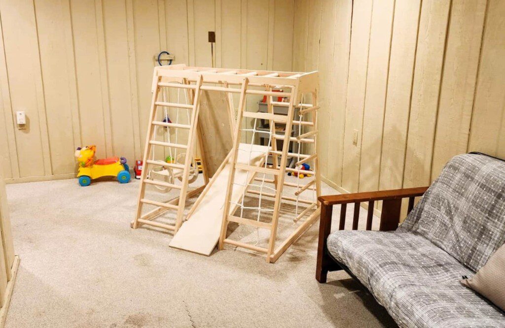 Small Indoor Jungle Gym or Playground! The toddler climbing playset includes rickety bridge, rock climbing wall, Swedish slide, monkey bars, rope ladder, wood ladder, hanging rings, rope wall, and swing, providing multiple play modes and fun for your